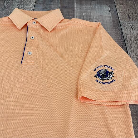 FootJoy Polo Men's Size M Stitched Logo on Sleeve Golf Shirt Peach Zig Zag Print - Picture 6 of 11